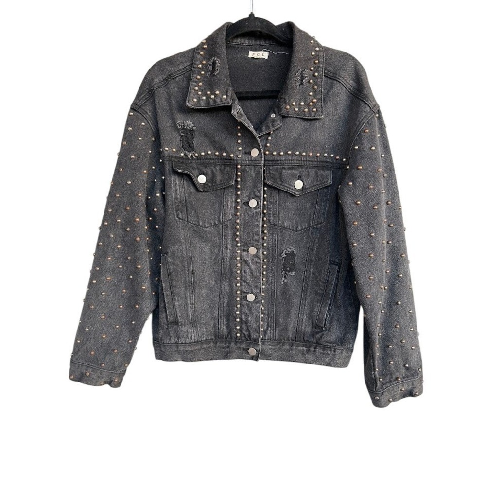 POL Womens Black Distressed Studded Denim Jacket ‎ Jean Coat Medium